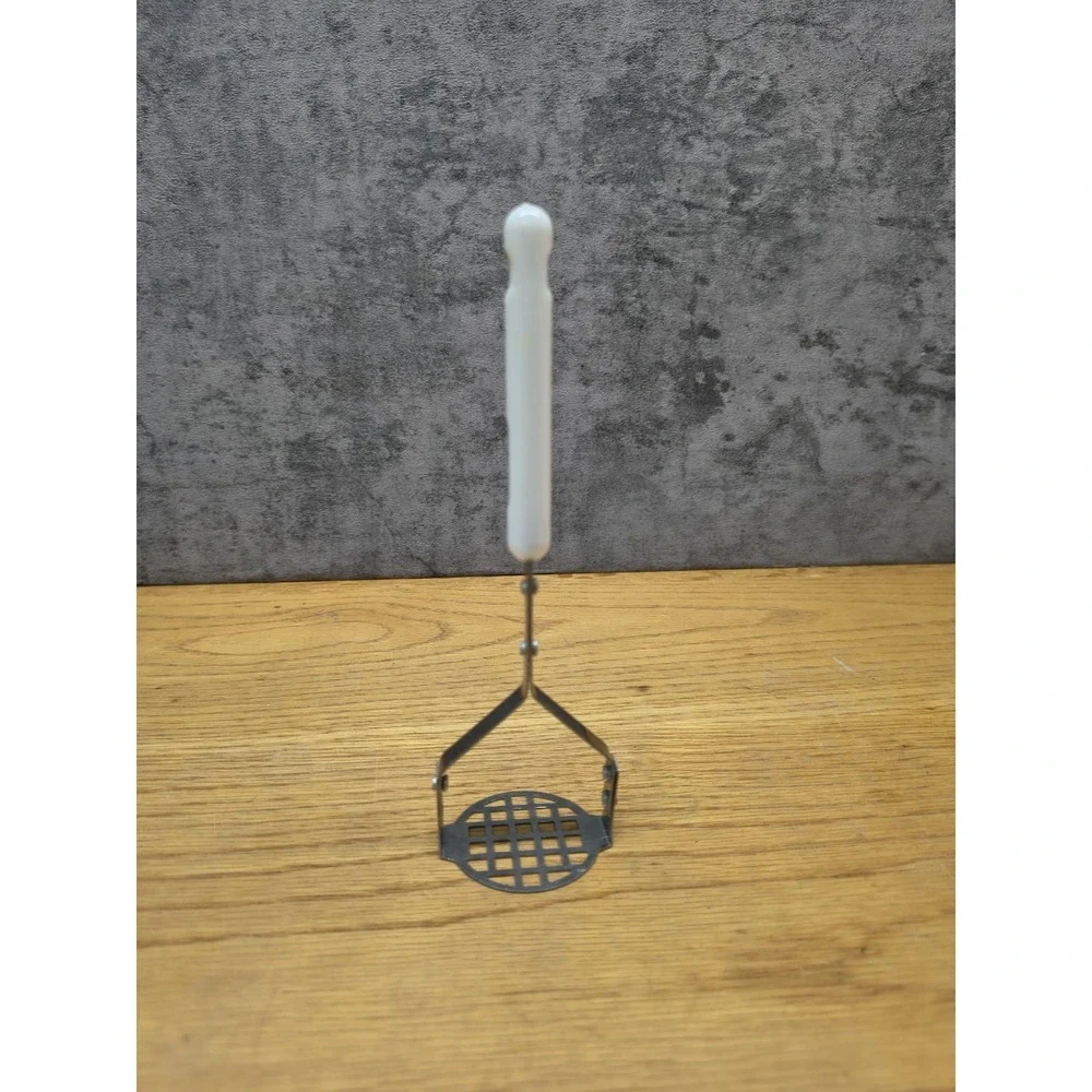 Vintage Stainless Steel Potato Masher With White handle